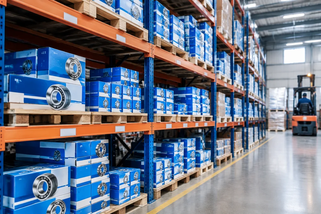 Warehouse shelves stocked with boxed NTN bearings ready for dispatch