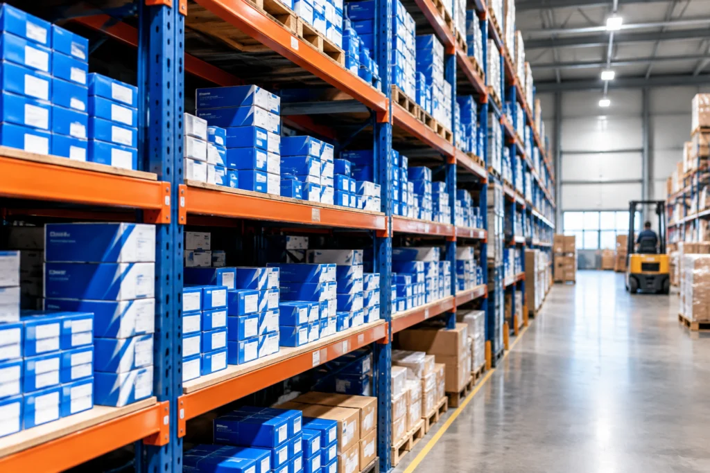 Bearing warehouse shelves stocked with boxed NTN bearings