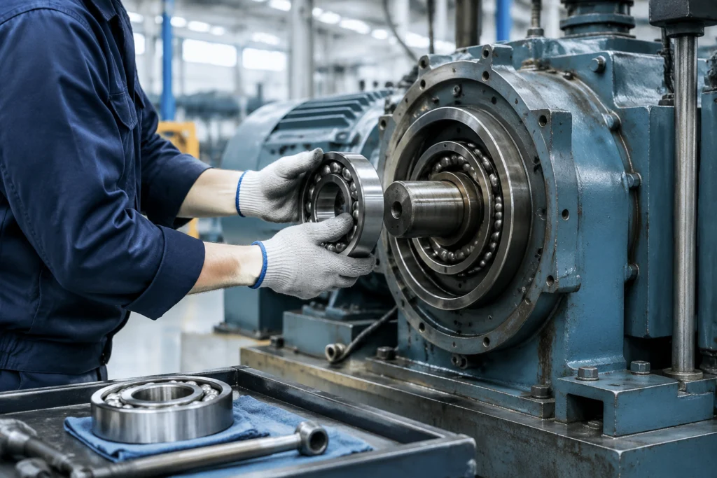 Maintenance technician replacing a bearing on a stopped production machine