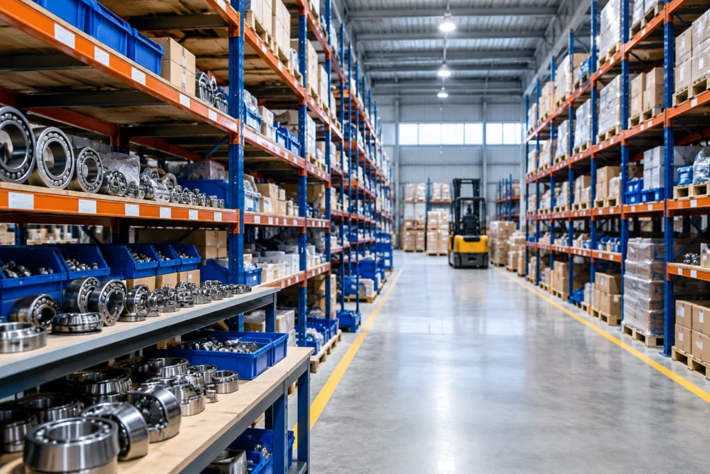 Distributor warehouse aisle with bearing stock ready for orders