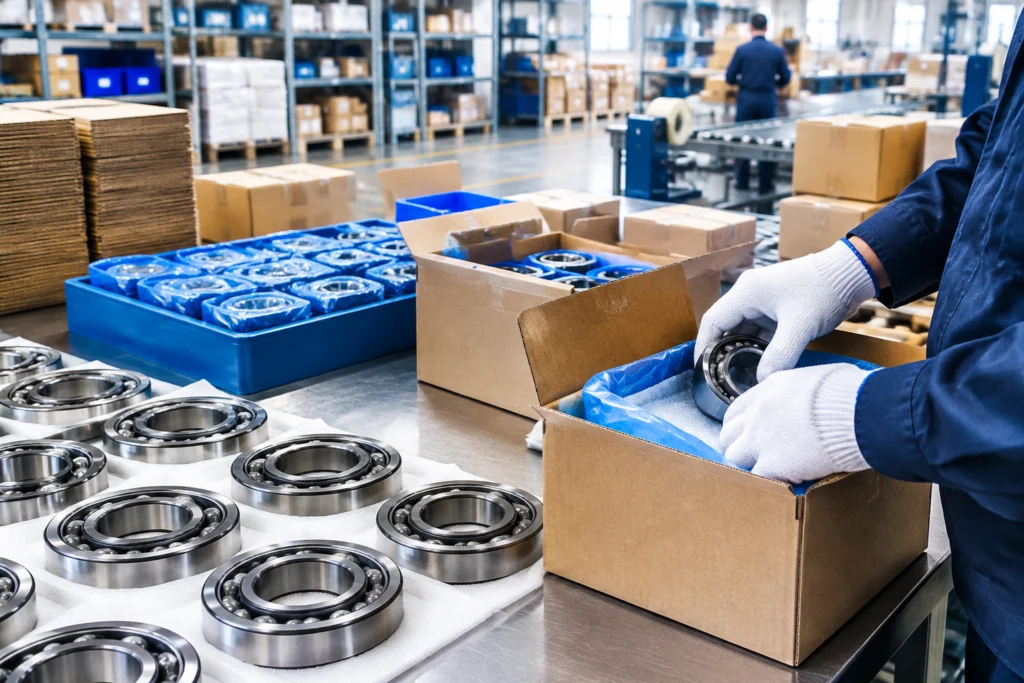 Bearings being packed into protective cartons