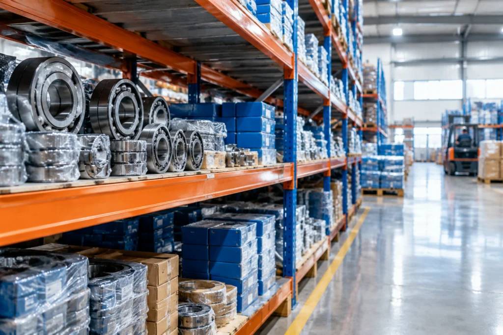 Bearing stock arranged on warehouse shelves