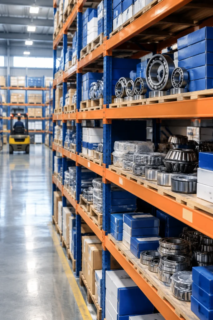 Bearing stock arranged on warehouse shelves