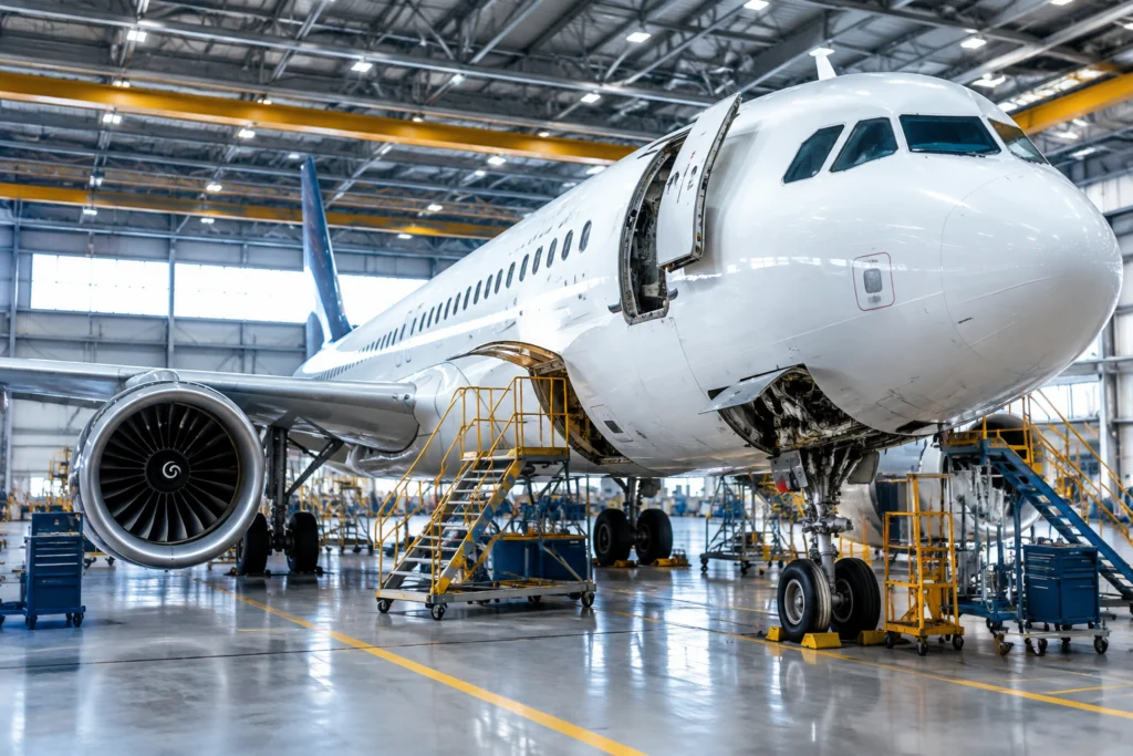Aircraft in a maintenance hangar