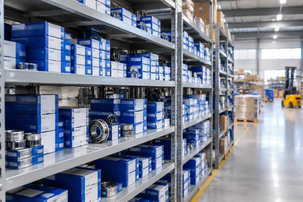 Shelves of boxed bearings in stock