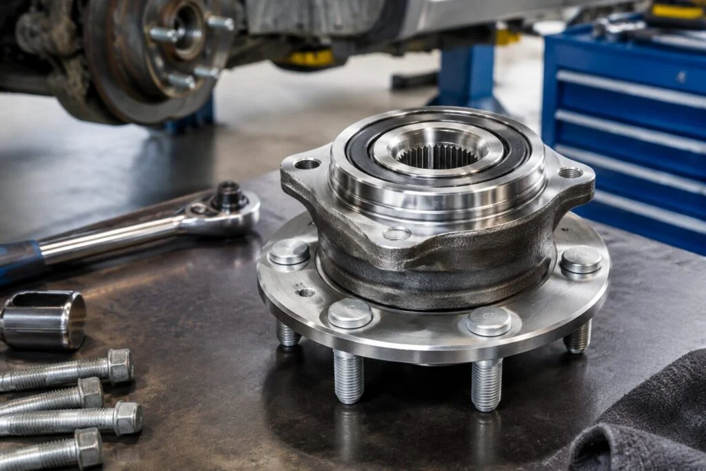 Automotive wheel hub assembly in a repair workshop